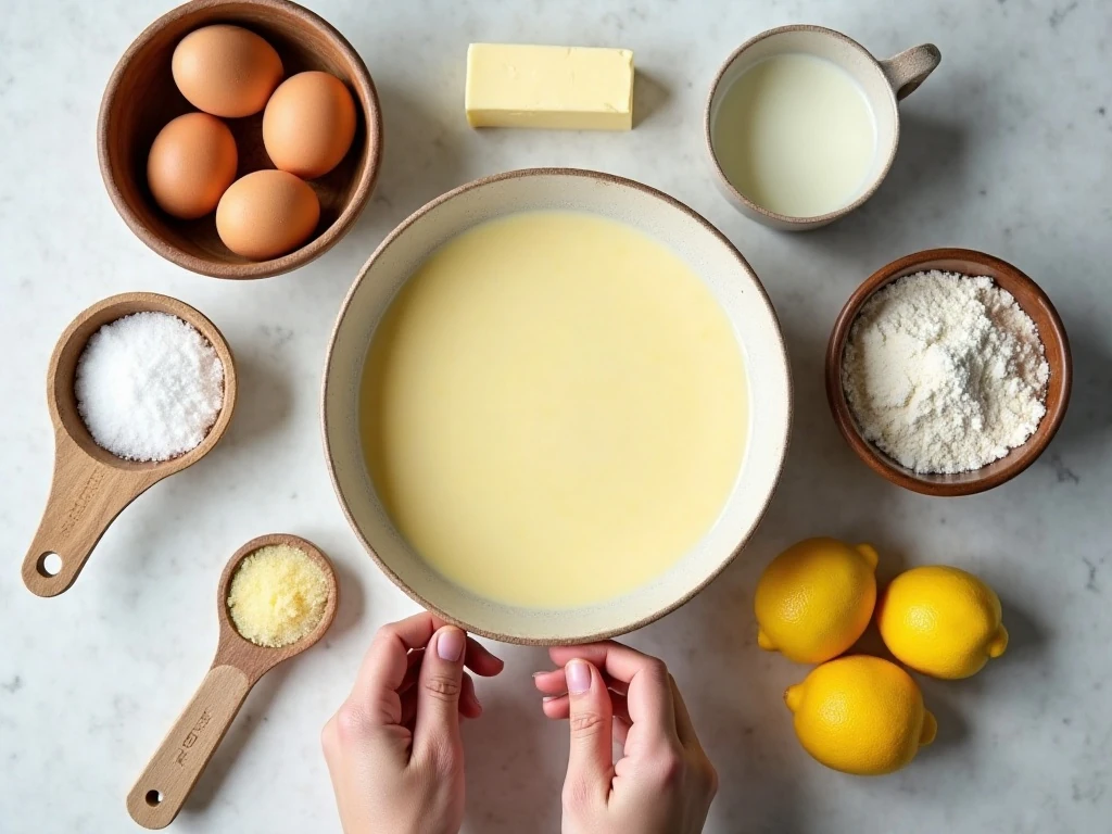 Ingredients for easy magic lemon pudding cake arranged on a counter