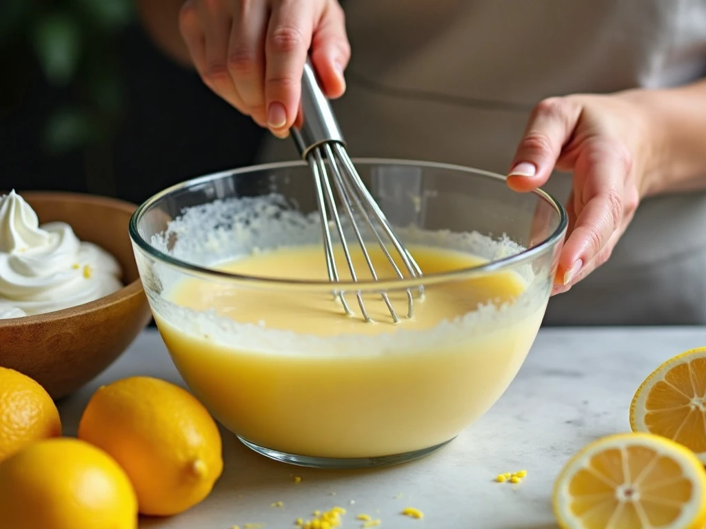 Whisking lemon batter and preparing whipped egg whites for pudding cake