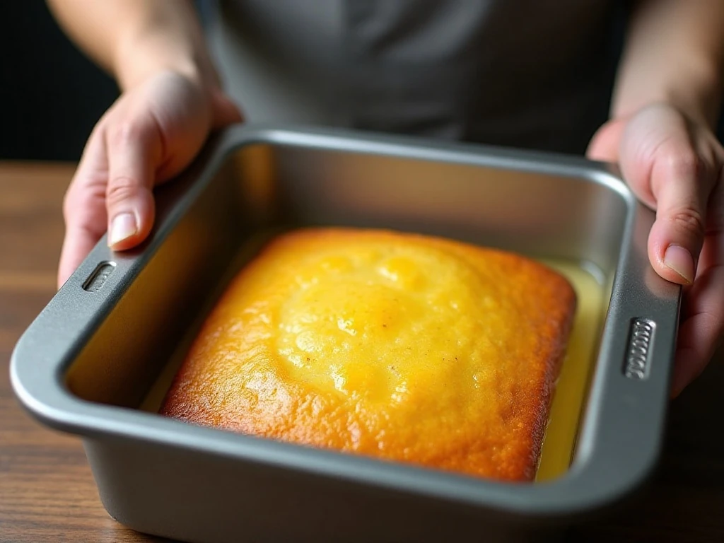 Lemon pudding cake baking in a hot-water bath