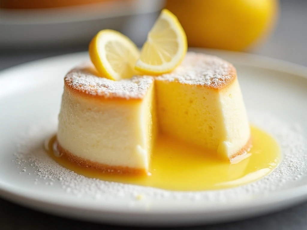 Warm lemon pudding cake with sponge top and custard layer dusted with powdered sugar
