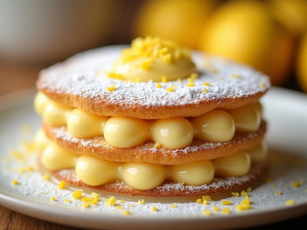 Close-up of the light sponge and creamy lemon pudding layers