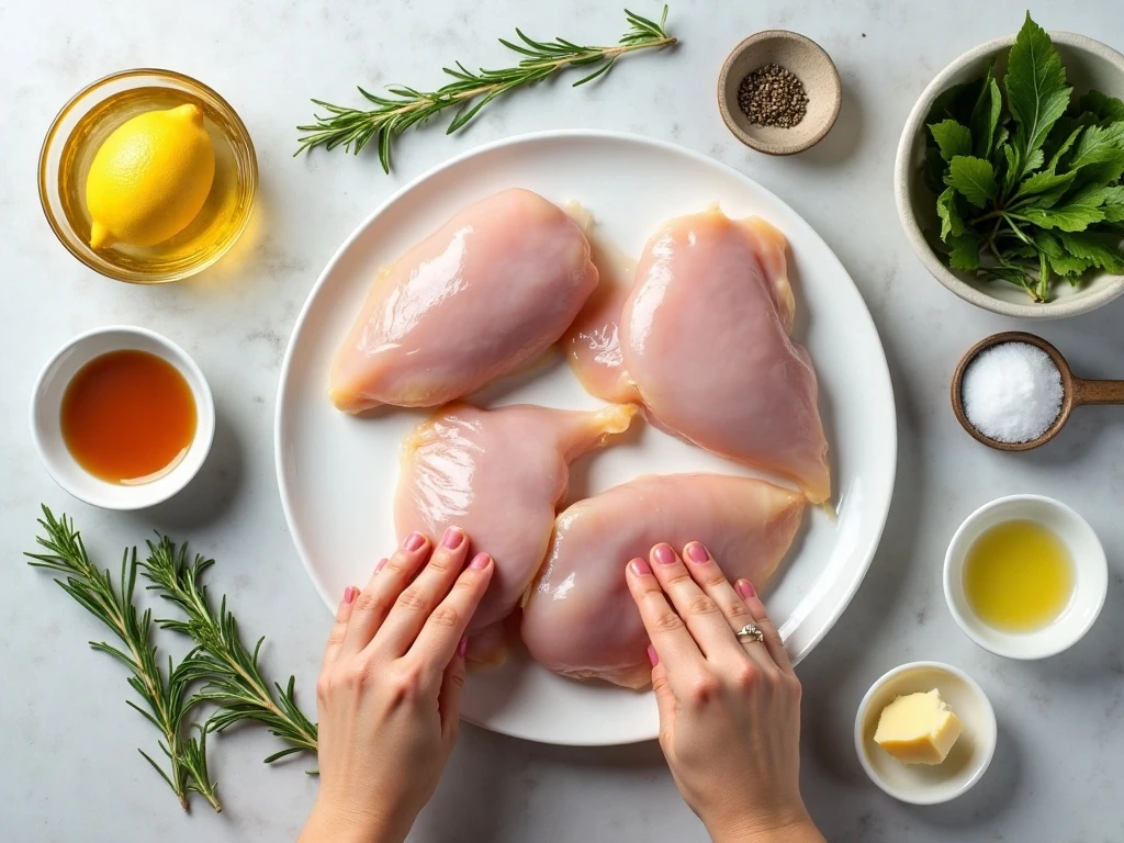 Ingredients for easy lemon rosemary chicken arranged on a counter