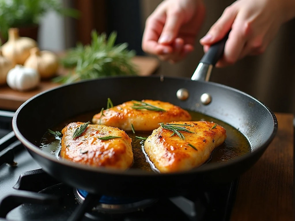 Chicken breasts browning in a skillet for lemon rosemary chicken