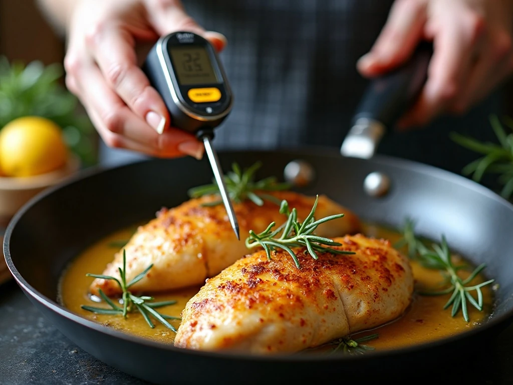 Checking chicken temperature while making lemon rosemary chicken