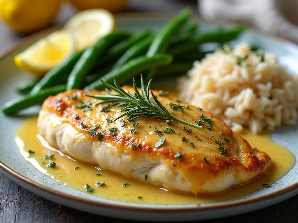 Lemon rosemary chicken served with green beans and rice
