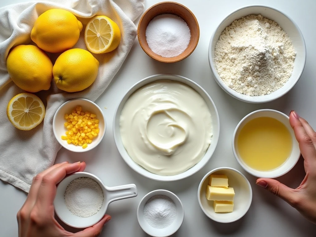 Ingredients for homemade lemon sugar crumb cake arranged for baking