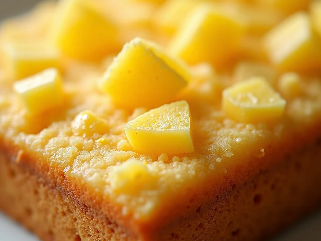 Close-up of chunky buttery lemon crumbs on top of cake