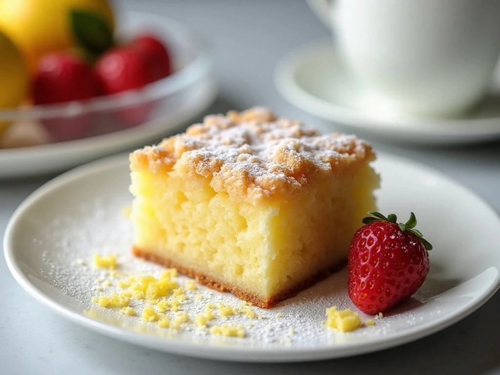 Glazed lemon crumb cake square served with tea and berries