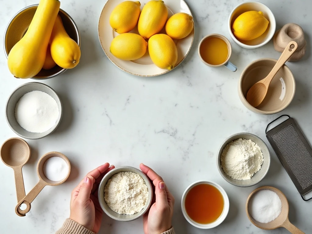 Ingredients for easy lemon summer squash bread arranged on a countertop