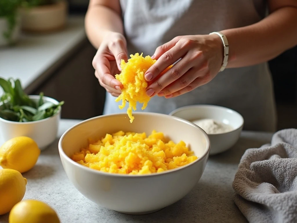 Grating yellow summer squash while preparing lemon bread batter