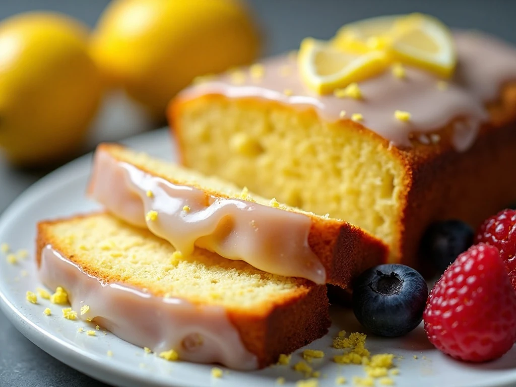 Glazed lemon summer squash bread slice garnished with lemon zest and berries