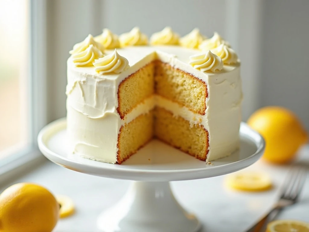 A slice of moist lemon velvet cake with lemon cream-cheese frosting