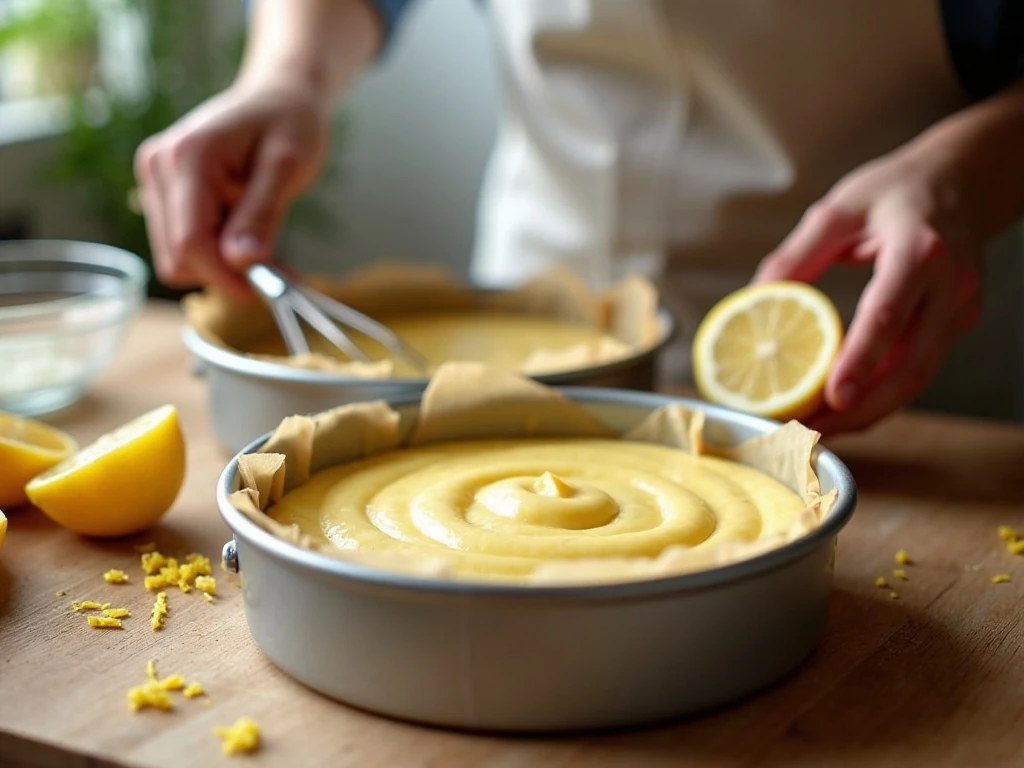 Lemon cake batter ready to bake in two round cake pans