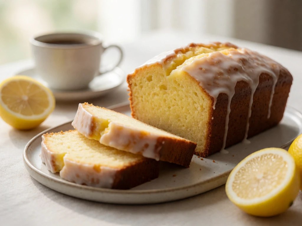 Sliced lemon yogurt breakfast cake served on a breakfast table