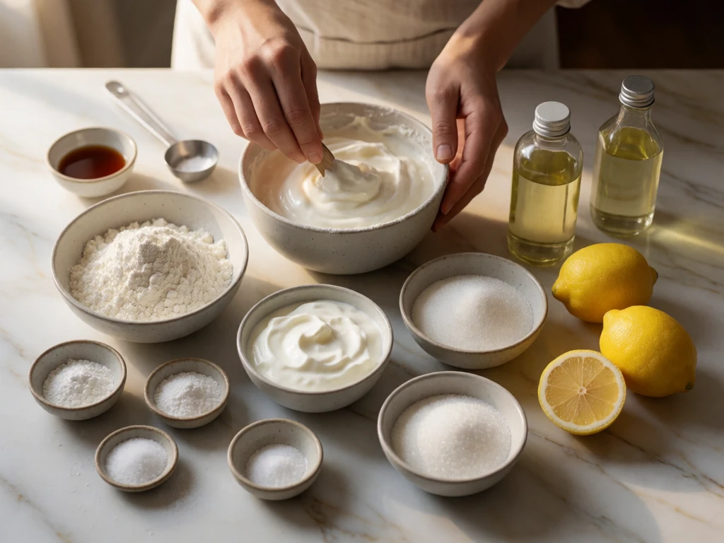 Ingredients for easy lemon yogurt breakfast cake