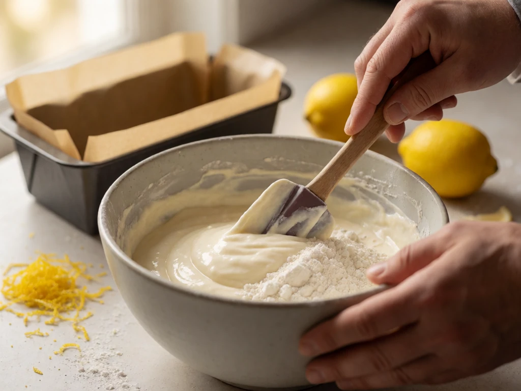 Folding dry ingredients into lemon yogurt cake batter