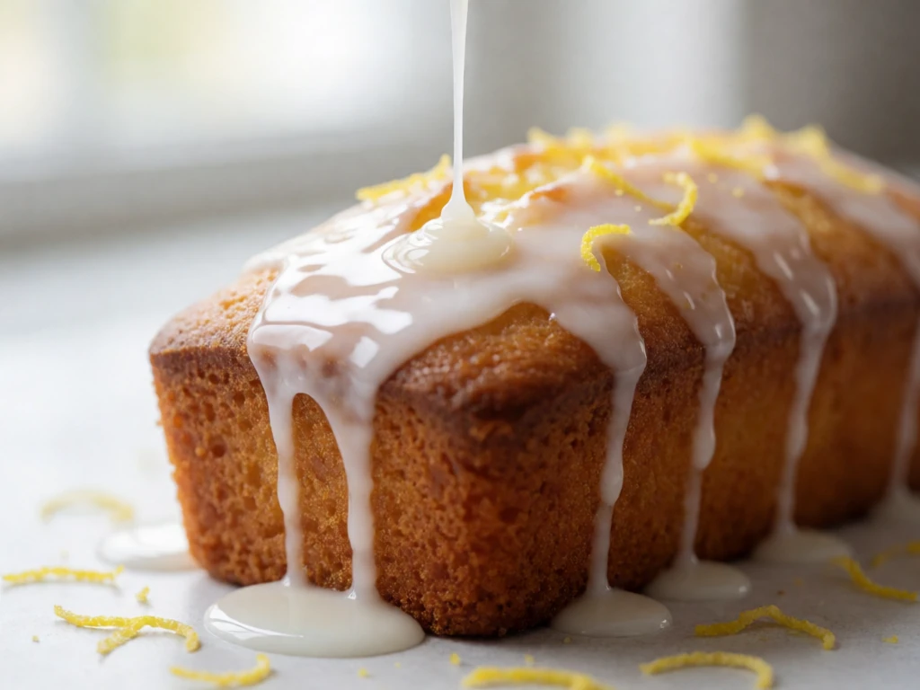 Lemon glaze drizzled over a yogurt breakfast cake