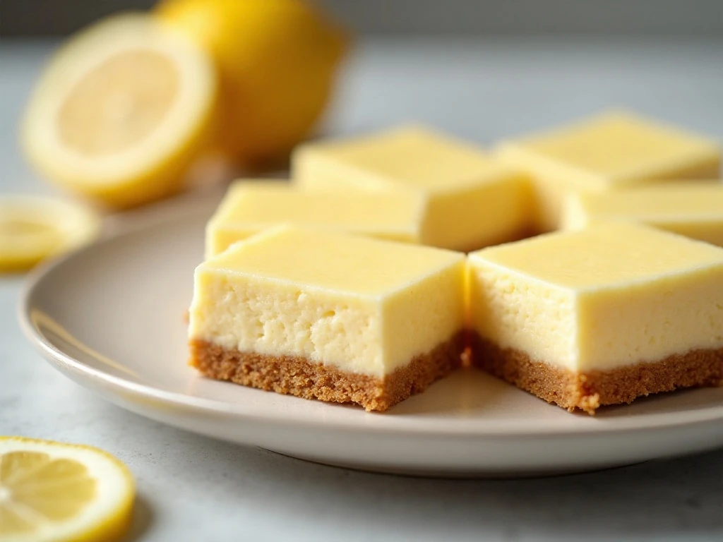 Lemonade cheesecake bars arranged on a plate with a golden crust and creamy lemon filling