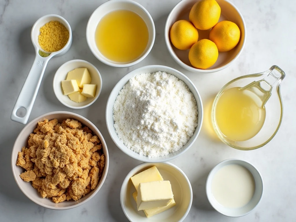 Ingredients for lemonade cheesecake bars including cream cheese, lemons, and graham crackers