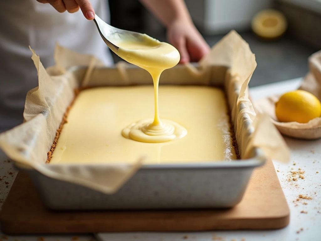 Lemon cheesecake filling being spread over a graham-cracker crust in a baking pan