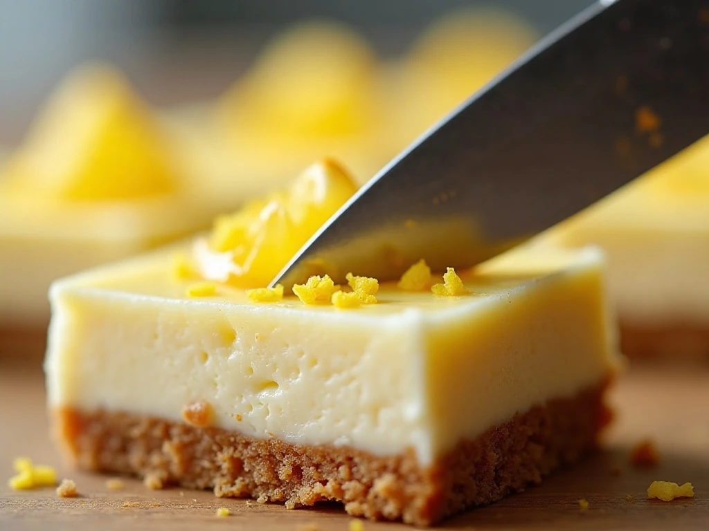 Cleanly sliced lemonade cheesecake bar showing creamy filling and graham-cracker crust