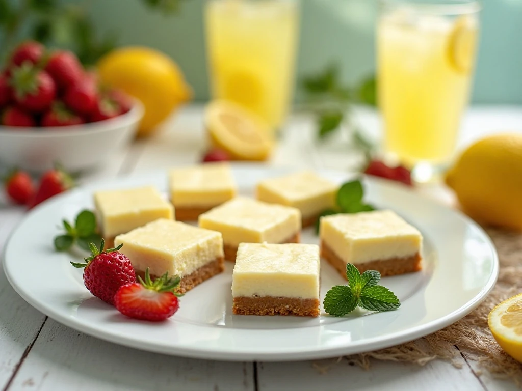Lemonade cheesecake bars served with lemon slices, berries, mint, and lemonade