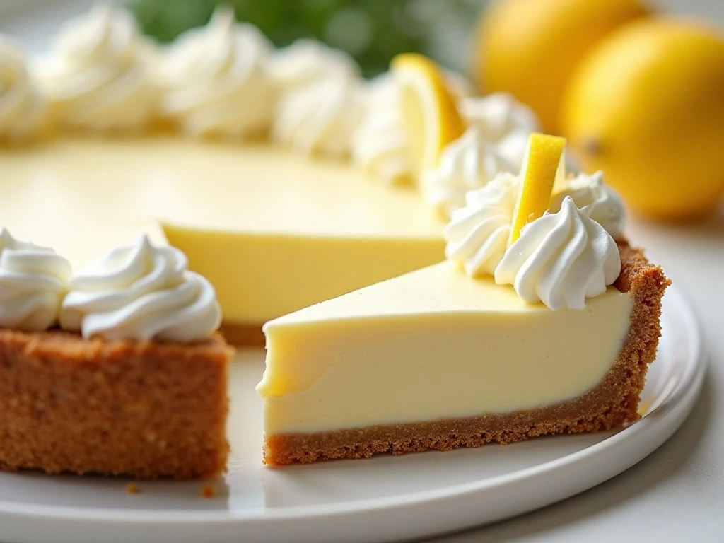 Slice of creamy lemonade cream cheese pie with graham-cracker crust