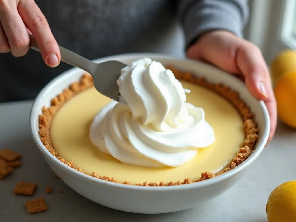 Folding whipped topping into lemonade cream cheese pie filling