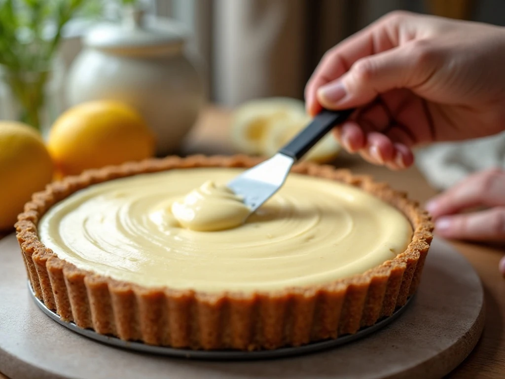 Smoothing creamy lemonade pie filling into graham-cracker crust