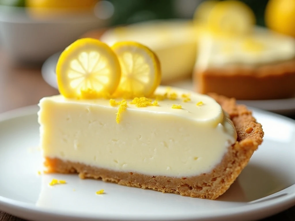 Close-up of lemon zest garnish on a chilled cream cheese pie slice