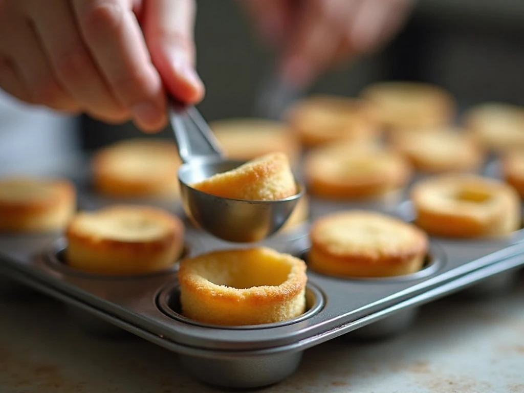 Pressing warm sugar cookies to form mini pie cups