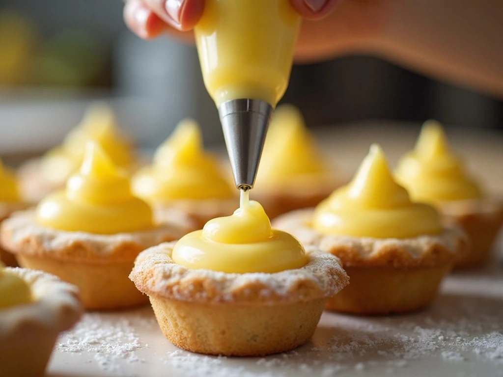 Piping lemonade filling into sugar-cookie cups
