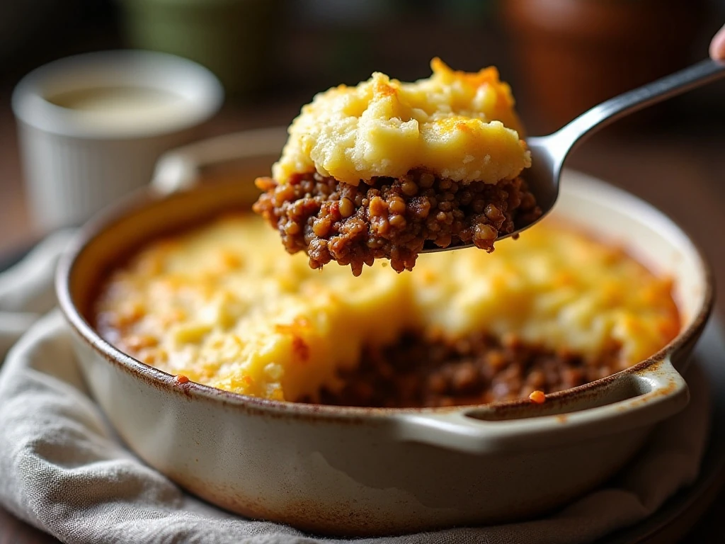 A serving of hearty lentil shepherd's pie with golden mashed potatoes