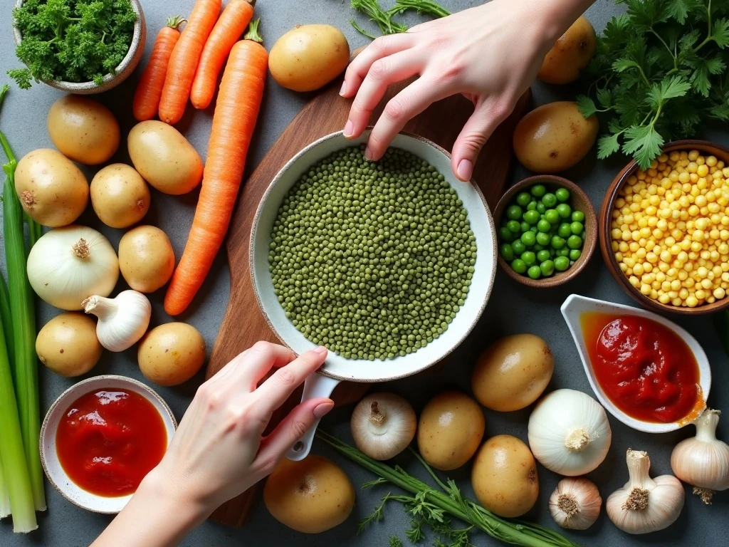 Ingredients for lentil shepherd's pie arranged on a counter