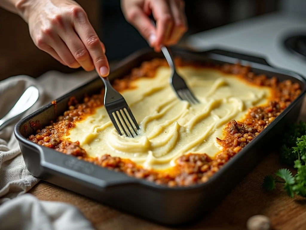 Mashed potatoes being spread over lentil shepherd's pie filling