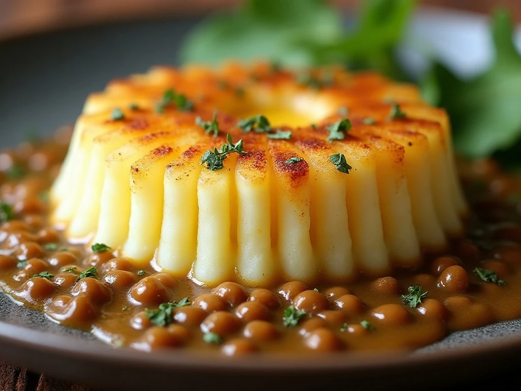 Golden fork-ridged potato topping on lentil shepherd's pie