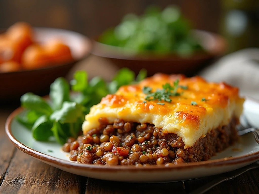Lentil shepherd's pie served with salad and roasted vegetables