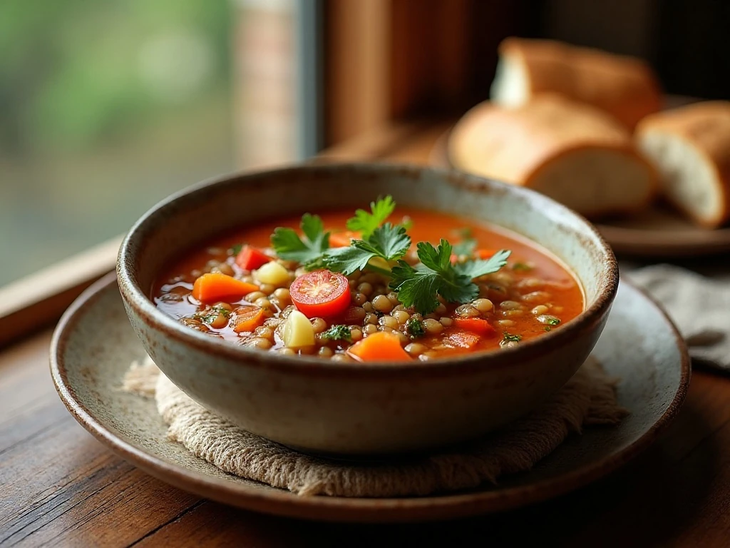 Bowl of hearty lentil vegetable soup with vegetables and crusty bread