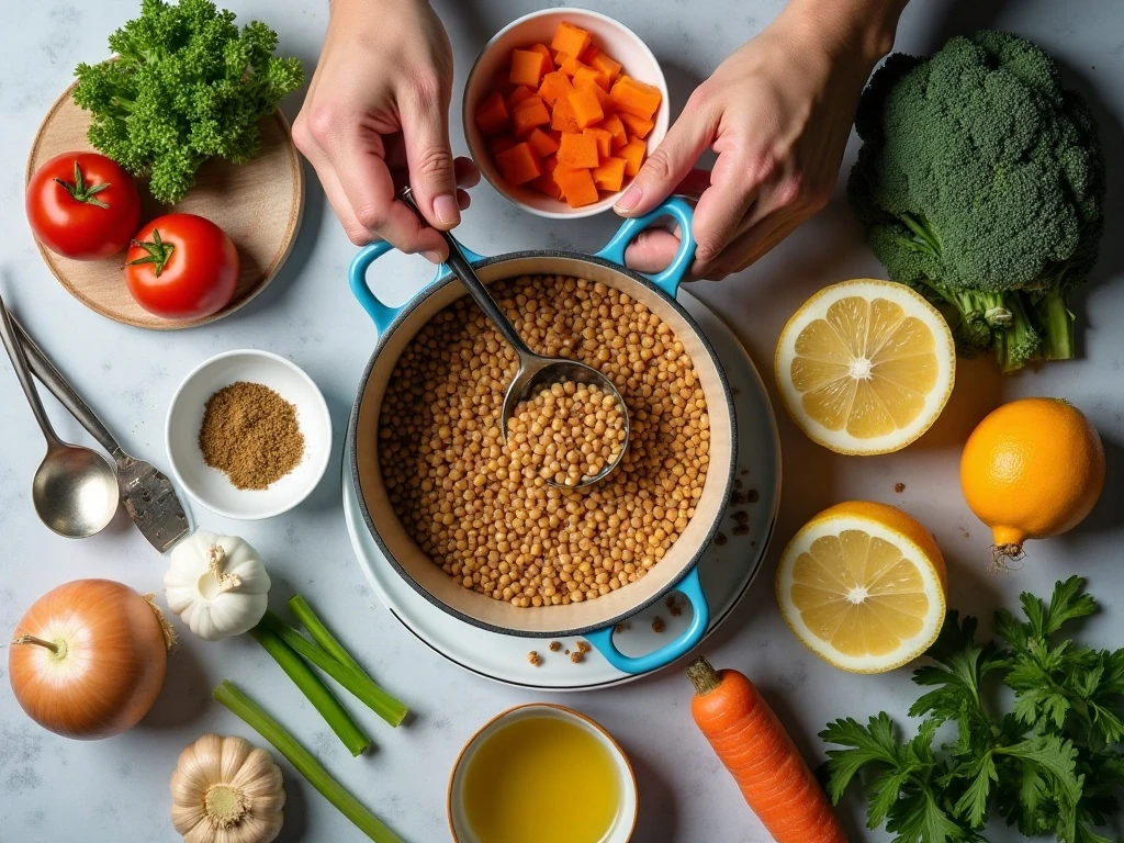 Ingredients for hearty lentil vegetable soup arranged for cooking