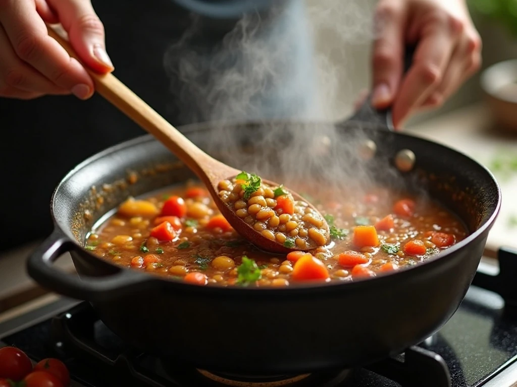Lentil vegetable soup simmering in a Dutch oven