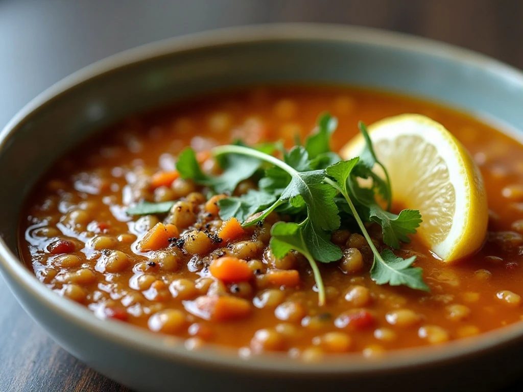 Lentil vegetable soup garnished with greens, pepper, and lemon