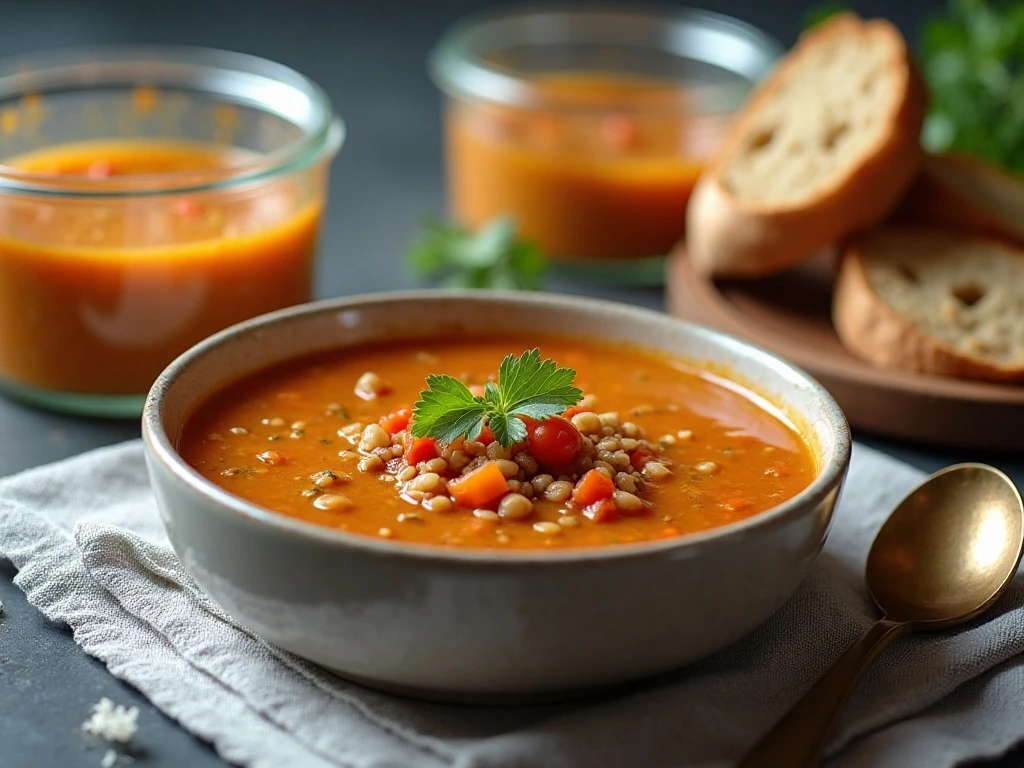 Lentil vegetable soup prepared for storage and reheating