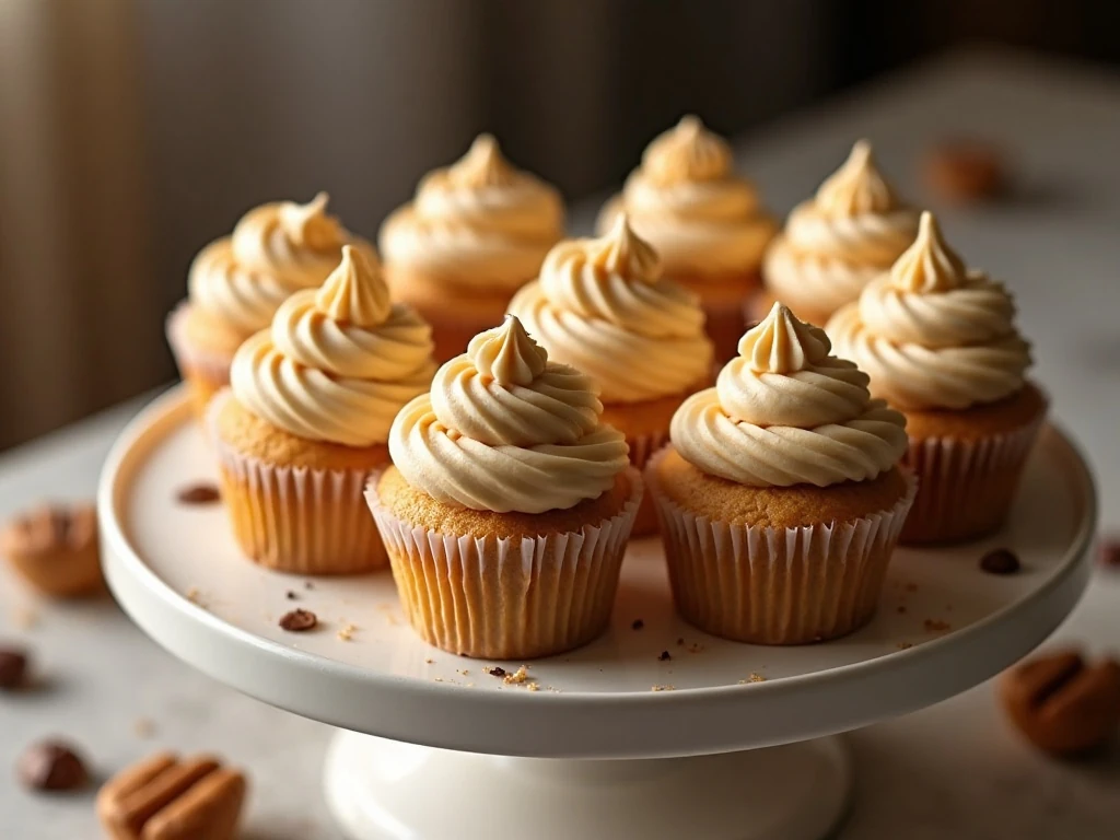 Light and creamy peanut butter cupcakes arranged on a cake stand