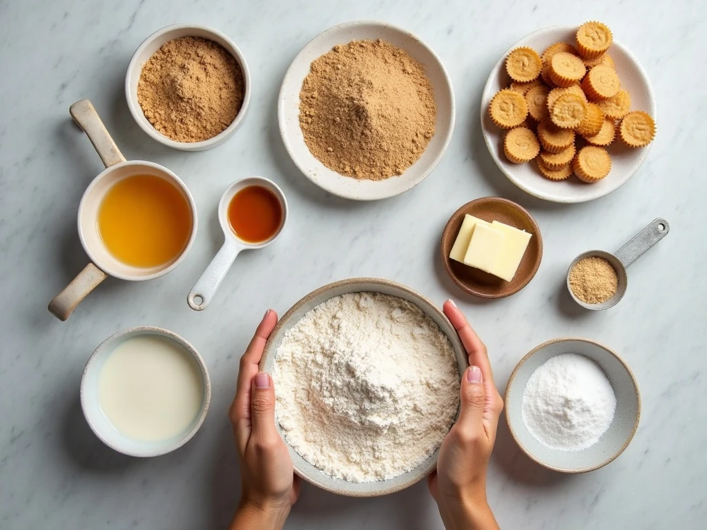 Ingredients for peanut butter cupcakes and creamy peanut butter frosting