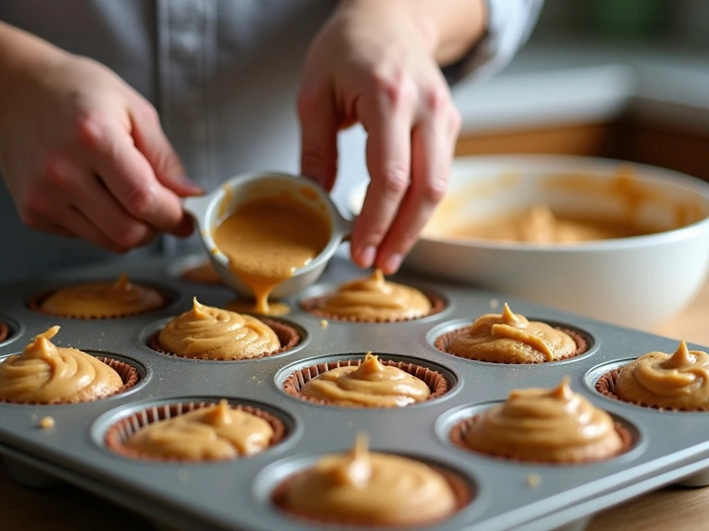 Peanut butter cupcake batter divided among paper-lined muffin cups