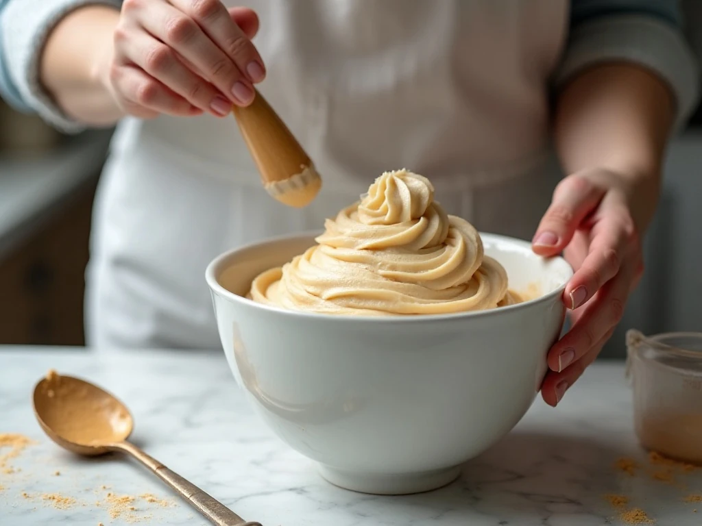 Fluffy peanut butter frosting ready to pipe onto cupcakes