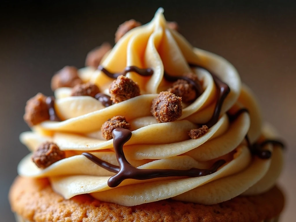Peanut butter cupcake decorated with chocolate drizzle and candy pieces