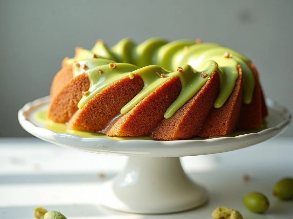 Light and fluffy pistachio Bundt cake with white glaze
