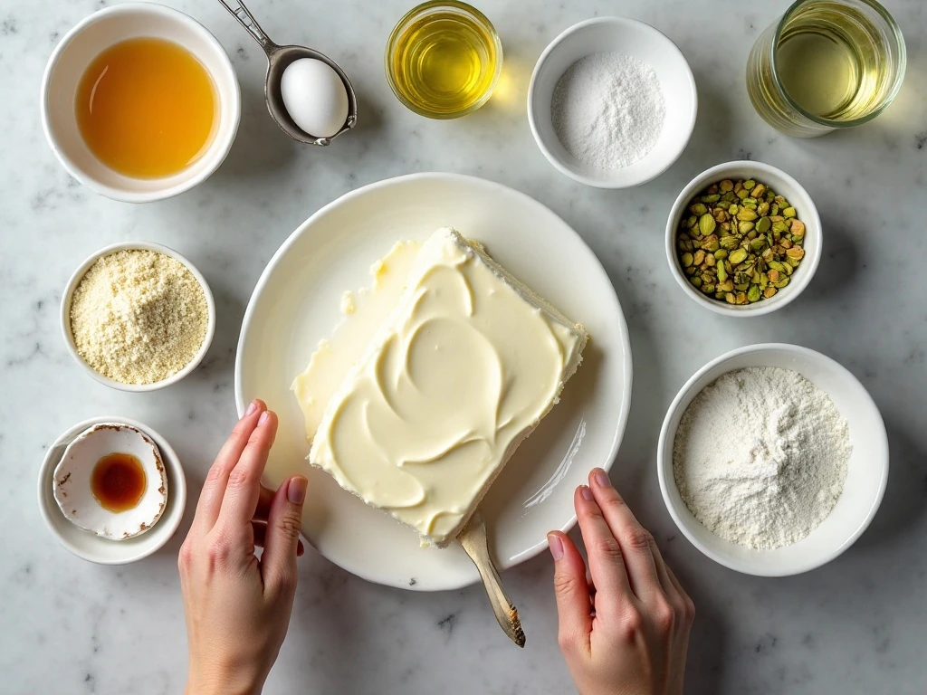 Ingredients for pistachio Bundt cake arranged for baking