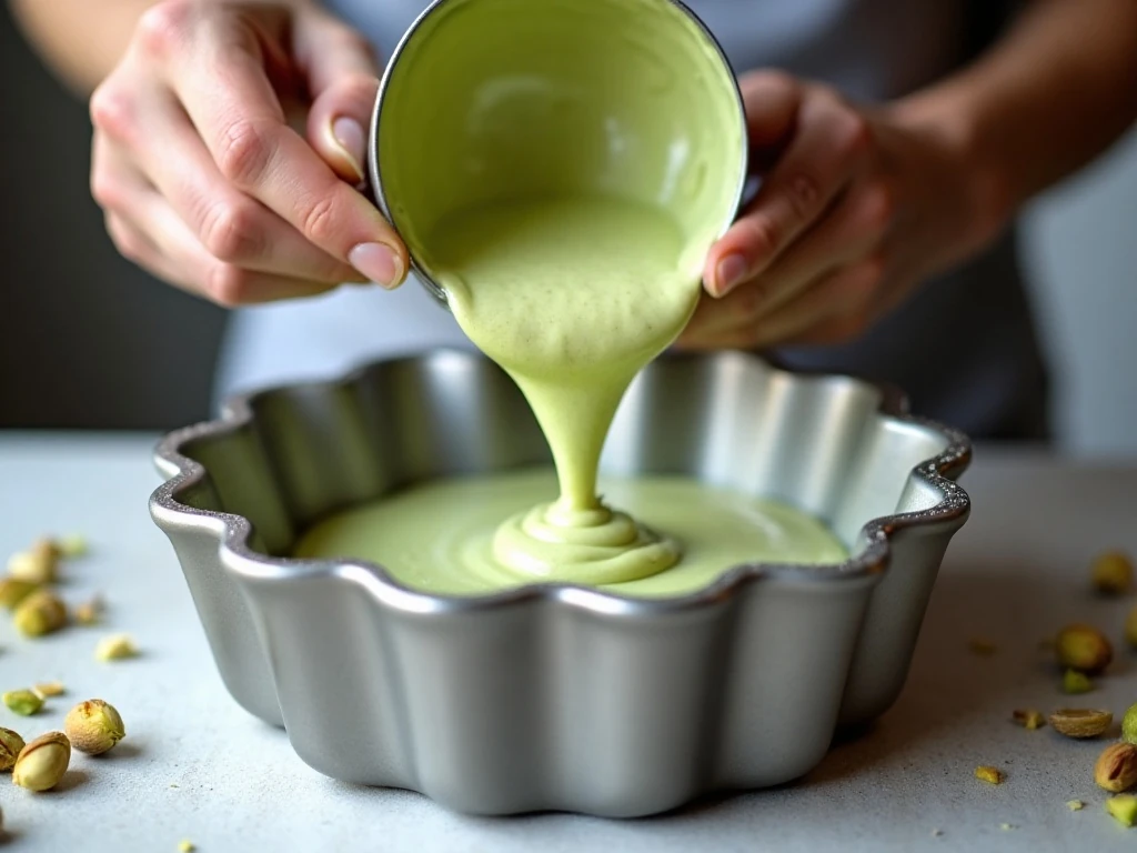 Pistachio Bundt cake batter being added to a prepared pan